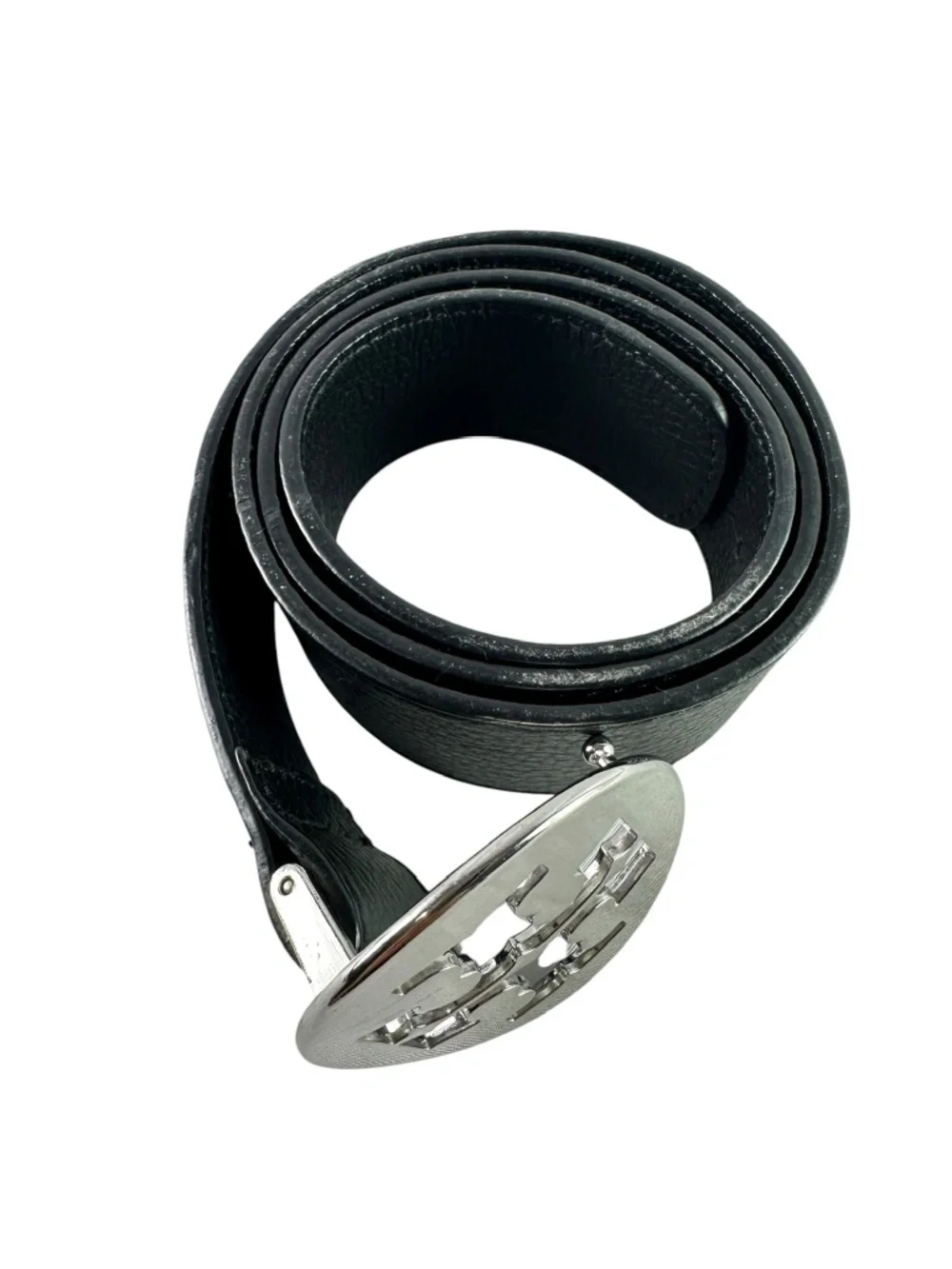 Genuine TORY BURCH Black Pebbled Leather Silver Logo Buckle Unisex Belt 32
